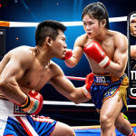 **A vibrant sports marketing campaign poster featuring a popular Thai athlete (e.g., a Muay Thai fighter or a football player) using social media on their phone. The poster should incorporate elements of Thai culture and colors, with fans actively engaging online.**