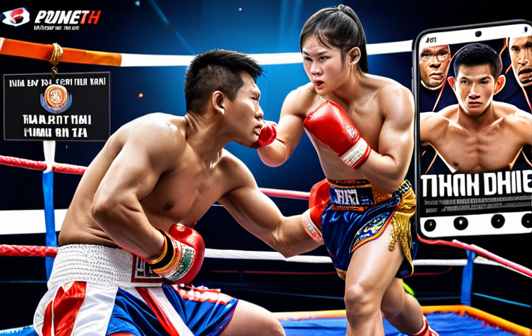 **A vibrant sports marketing campaign poster featuring a popular Thai athlete (e.g., a Muay Thai fighter or a football player) using social media on their phone. The poster should incorporate elements of Thai culture and colors, with fans actively engaging online.**