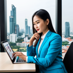 A professional Thai sports marketing expert, fully clothed in a modest business suit, seated at a sleek modern desk in a contemporary office setting with large windows overlooking a vibrant city skyline. The expert is confidently reviewing a digital portfolio displayed on a tablet, showcasing graphs, event photos, and social media campaigns related to the Thai sports industry. Appropriate attire, safe for work, perfect anatomy, natural proportions, well-formed hands, proper finger count, natural body proportions, professional photography, high quality, appropriate content, professional.