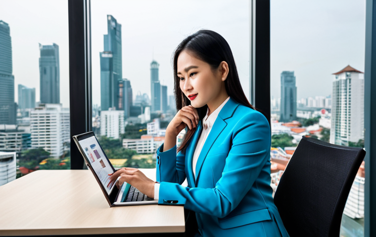 A professional Thai sports marketing expert, fully clothed in a modest business suit, seated at a sleek modern desk in a contemporary office setting with large windows overlooking a vibrant city skyline. The expert is confidently reviewing a digital portfolio displayed on a tablet, showcasing graphs, event photos, and social media campaigns related to the Thai sports industry. Appropriate attire, safe for work, perfect anatomy, natural proportions, well-formed hands, proper finger count, natural body proportions, professional photography, high quality, appropriate content, professional.
