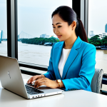 Modern Thai Businesswoman**

"A successful Thai businesswoman in her late 30s, wearing a stylish and modest Thai silk business suit, working on a laptop in a bright, modern Bangkok office with a view of the Chao Phraya River. Fully clothed, appropriate attire, safe for work. Perfect anatomy, correct proportions, natural pose. Professional photography, high quality, family-friendly."

**