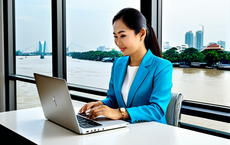 Modern Thai Businesswoman**

"A successful Thai businesswoman in her late 30s, wearing a stylish and modest Thai silk business suit, working on a laptop in a bright, modern Bangkok office with a view of the Chao Phraya River. Fully clothed, appropriate attire, safe for work. Perfect anatomy, correct proportions, natural pose. Professional photography, high quality, family-friendly."

**