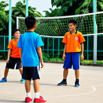 **

"A group of Thai youths playing Takraw in a local community park, fully clothed in athletic wear, appropriate attire, safe for work, perfect anatomy, natural proportions, family-friendly, bright daylight, happy atmosphere, vibrant colors, professional photography."

**