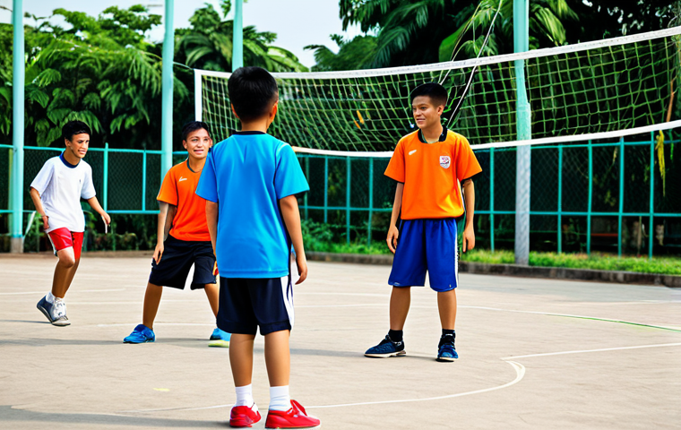 **

"A group of Thai youths playing Takraw in a local community park, fully clothed in athletic wear, appropriate attire, safe for work, perfect anatomy, natural proportions, family-friendly, bright daylight, happy atmosphere, vibrant colors, professional photography."

**