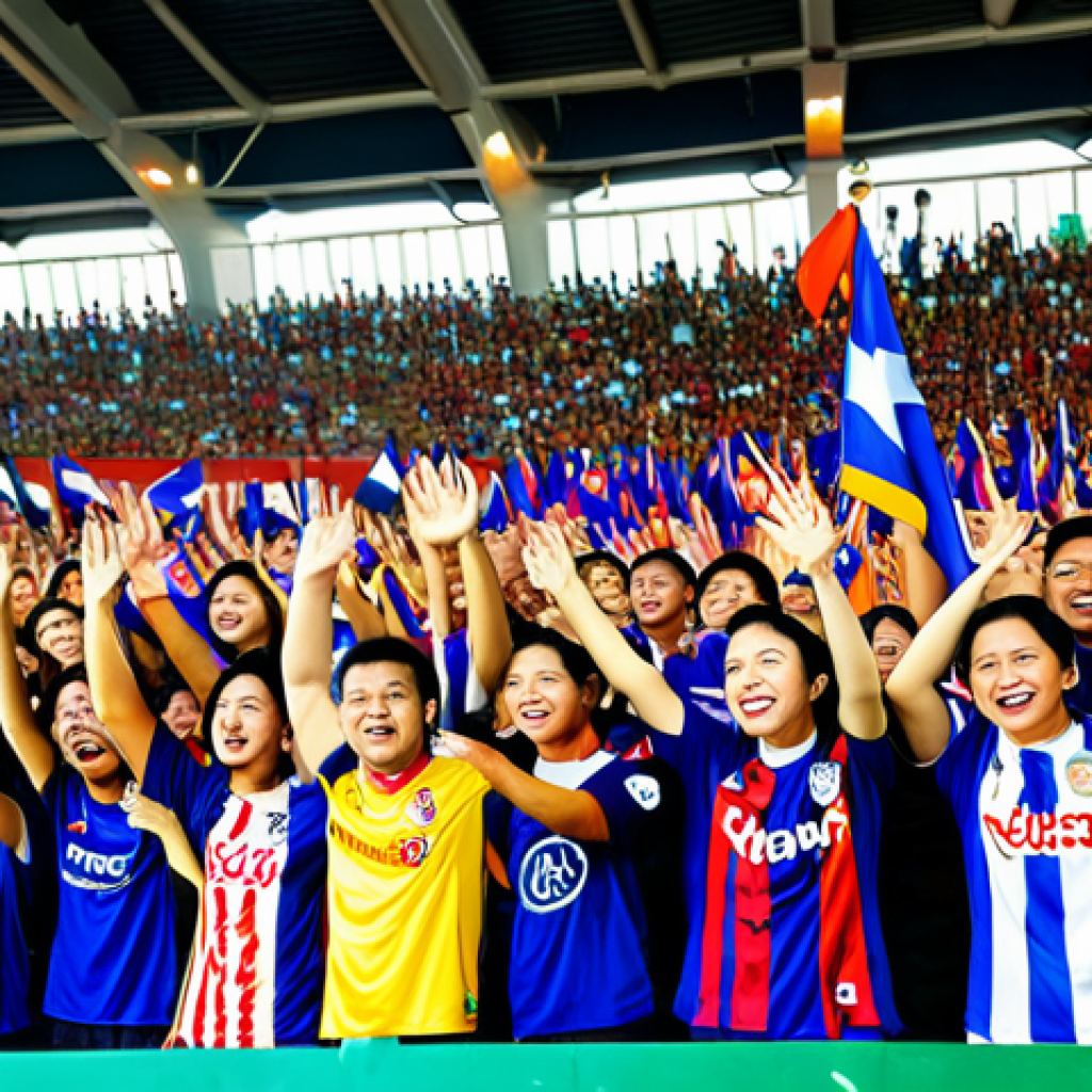 ** A vibrant scene showcasing Thai sports fans enthusiastically supporting their local football team in a modern stadium. Depict diverse fans wearing team jerseys, waving flags, and cheering. Include advertising banners for Thai brands that are relevant to sports and healthy living. The overall atmosphere is energetic and positive, representing the passion of Thai sports culture. Safe for work, appropriate content, fully clothed, professional, family-friendly. Perfect anatomy, correct proportions, natural pose, well-formed hands, proper finger count, natural body proportions.

**