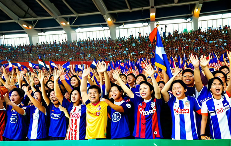 ** A vibrant scene showcasing Thai sports fans enthusiastically supporting their local football team in a modern stadium. Depict diverse fans wearing team jerseys, waving flags, and cheering. Include advertising banners for Thai brands that are relevant to sports and healthy living. The overall atmosphere is energetic and positive, representing the passion of Thai sports culture. Safe for work, appropriate content, fully clothed, professional, family-friendly. Perfect anatomy, correct proportions, natural pose, well-formed hands, proper finger count, natural body proportions.

**