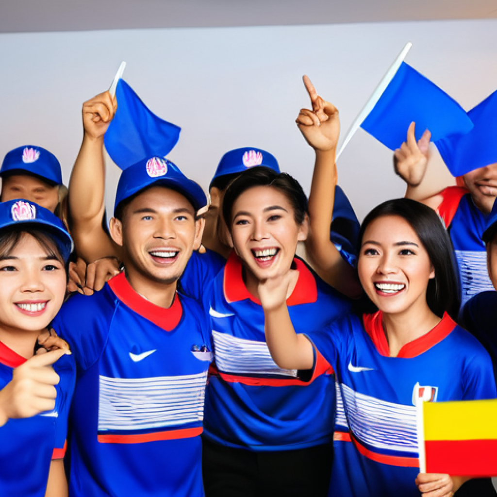 스포츠마케팅과 멀티미디어 콘텐츠 활용 사례 - **Prompt 1: Digital Fan Celebration in Thailand**
A diverse group of cheerful Thai sports fans, ...