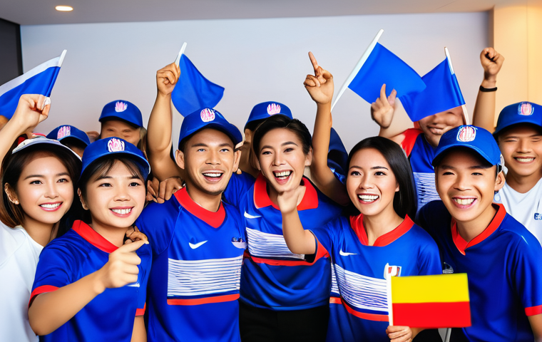 스포츠마케팅과 멀티미디어 콘텐츠 활용 사례 - **Prompt 1: Digital Fan Celebration in Thailand**
    A diverse group of cheerful Thai sports fans, ...