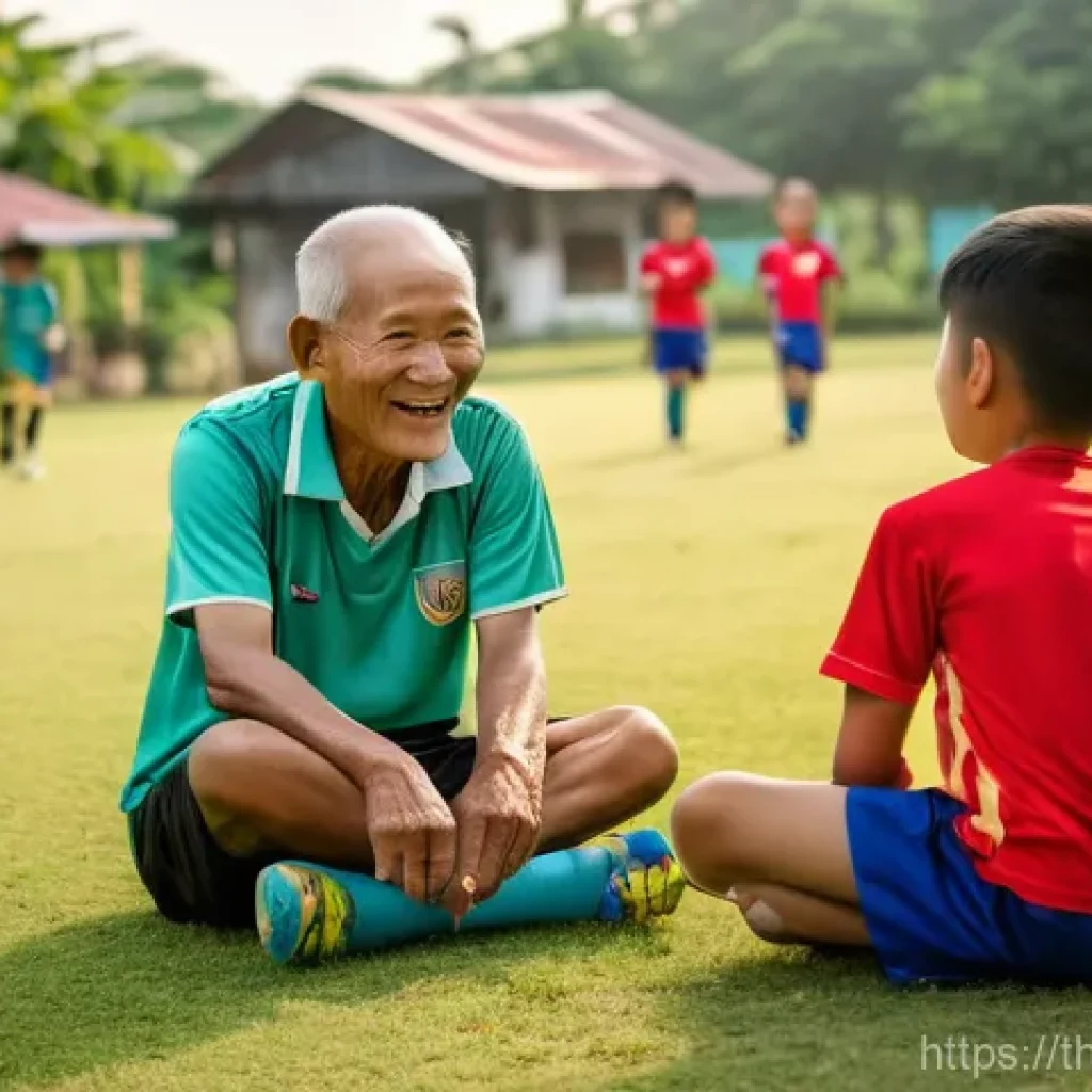 스포츠 구단의 브랜드 가치를 높이는 방법 - **Prompt:** A heartwarming scene featuring an experienced Thai football coach, an elderly man with a...