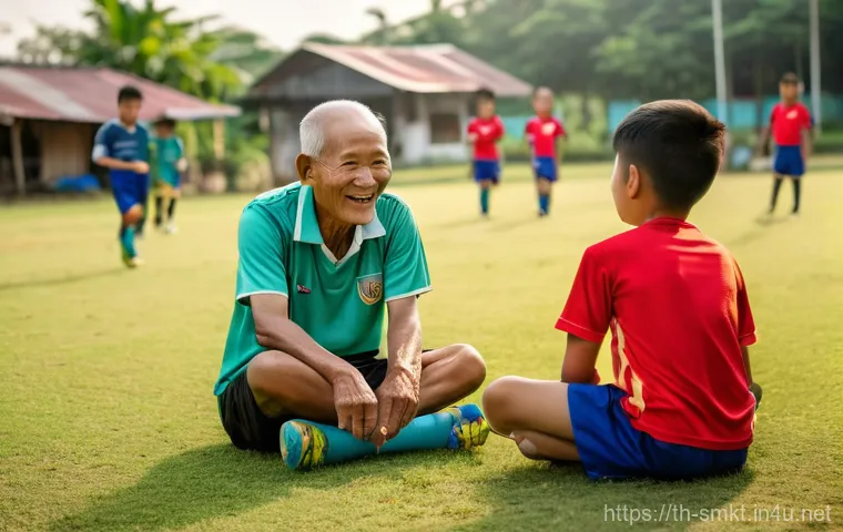 스포츠 구단의 브랜드 가치를 높이는 방법 - **Prompt:** A heartwarming scene featuring an experienced Thai football coach, an elderly man with a...