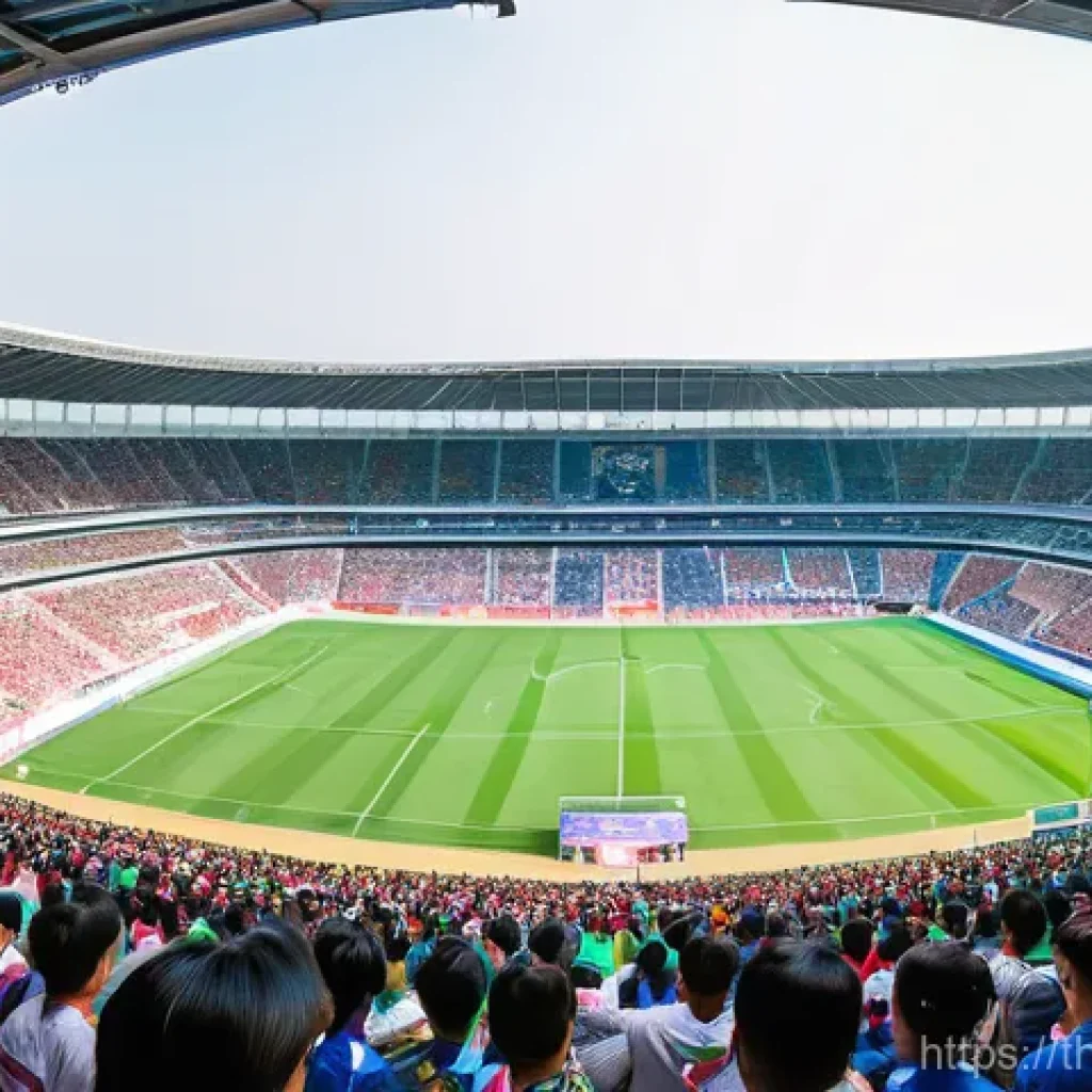 스포츠 이벤트의 경제적 가치 측정 - A vibrant and energetic wide-angle shot capturing a bustling, modern sports stadium in Thailand, sim...
