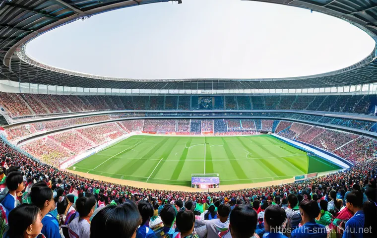 스포츠 이벤트의 경제적 가치 측정 - A vibrant and energetic wide-angle shot capturing a bustling, modern sports stadium in Thailand, sim...