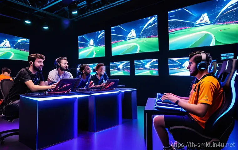 스포츠마케팅 분야의 최신 연구 및 전망 - A diverse group of young adults, including both men and women, intensely engaged in an esports tourn...
