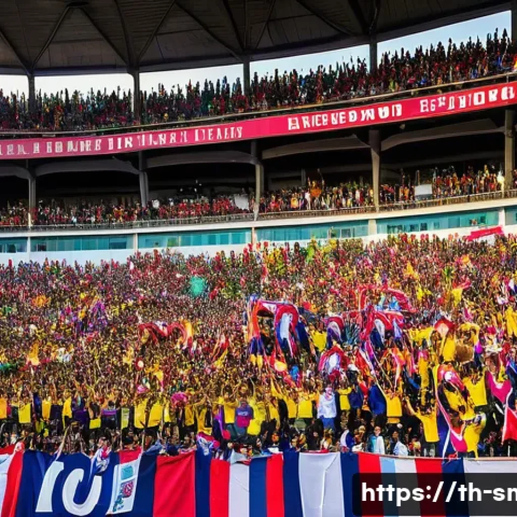 스포츠마케팅에서의 시장 조사 방법 - A vibrant scene at a Thai football stadium during a lively match, showing diverse fans of all ages a...
