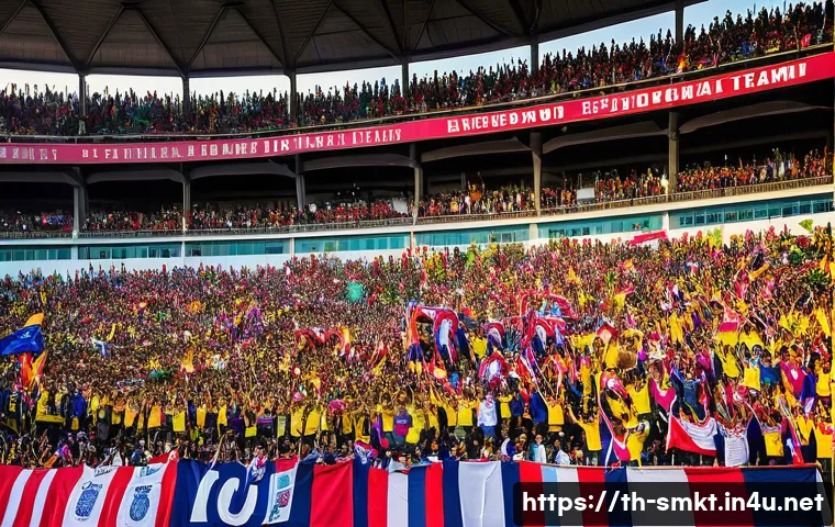스포츠마케팅에서의 시장 조사 방법 - A vibrant scene at a Thai football stadium during a lively match, showing diverse fans of all ages a...