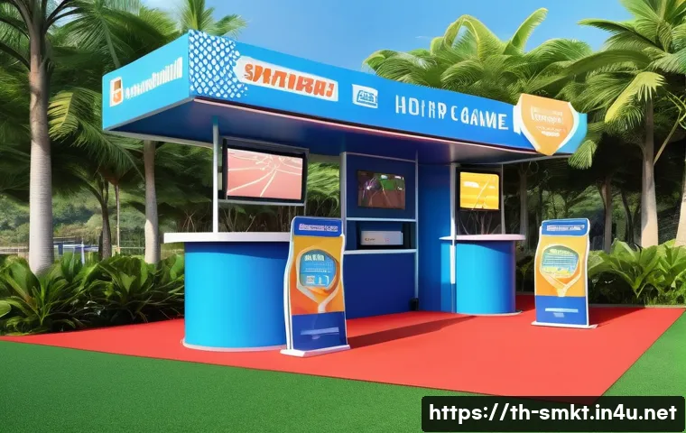 스포츠 이벤트와 참가자 경험 설계 - A vibrant sports event entrance scene in Thailand during the daytime, featuring friendly staff weari...