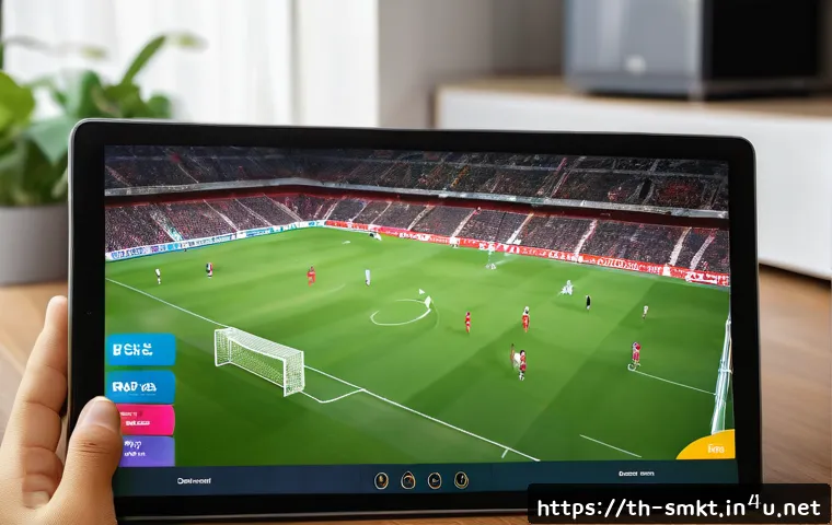 스포츠마케팅과 관련된 주요 산업 동향 분석 - A vibrant digital sports streaming platform interface on a sleek tablet screen, showing an interacti...