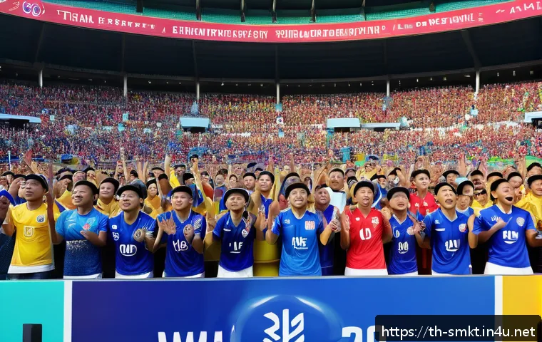 스포츠마케팅에서의 혁신적인 아이디어 사례 - A vibrant stadium scene showcasing Thai football fans wearing colorful team jerseys and scarves, eng...