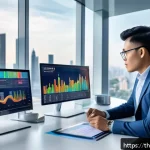 스포츠마케팅 관련 대학원 졸업생 이야기 - A modern sports marketing professional analyzing digital data on multiple transparent screens in a s...