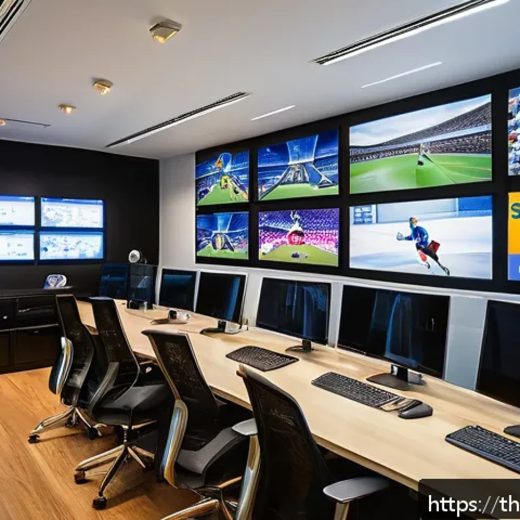 스포츠마케팅 전문가의 커리어 성공 전략 - A vibrant digital marketing office scene focused on sports marketing for Thai audiences, featuring d...