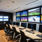 스포츠마케팅 전문가의 커리어 성공 전략 - A vibrant digital marketing office scene focused on sports marketing for Thai audiences, featuring d...