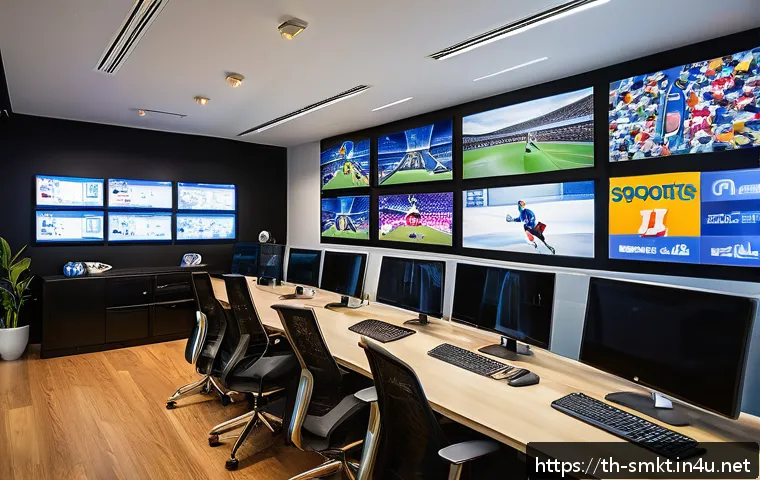 스포츠마케팅 전문가의 커리어 성공 전략 - A vibrant digital marketing office scene focused on sports marketing for Thai audiences, featuring d...