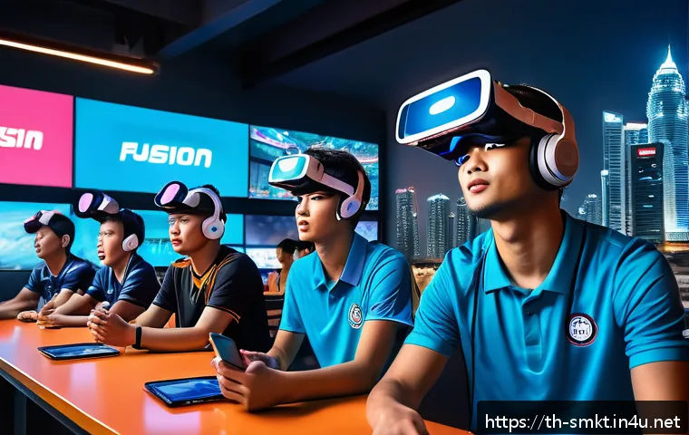 스포츠마케팅 이직 성공을 위한 팁 - A dynamic scene of a diverse group of young Thai sports fans engaging with multiple digital devices&mdash;...
