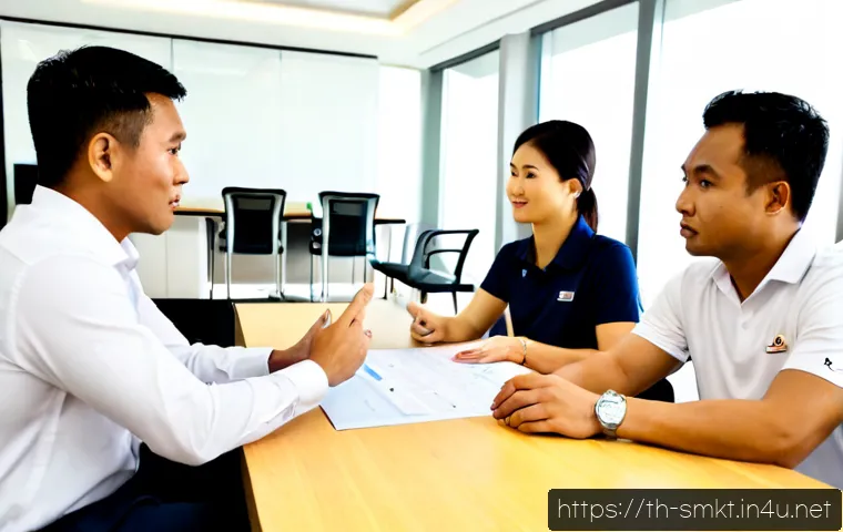 스포츠마케팅 업무에서의 효율적 의사소통 전략 - Photorealistic sports marketing strategy meeting in a modern Bangkok office, diverse Thai team seate...