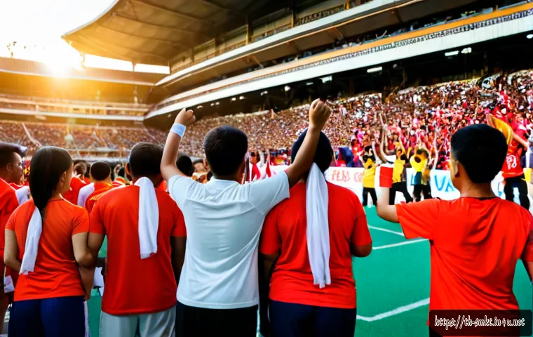 스포츠마케팅과 팬 충성도 향상 전략 - Photorealistic Thai football stadium scene at golden hour, diverse enthusiastic adult fans wearing p...