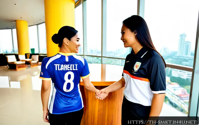 스포츠마케팅에서의 협상 및 파트너십 구축 - Photorealistic sports marketing partnership negotiation in a modern Bangkok stadium hospitality loun...