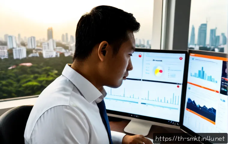 Home 17 스포츠마케팅 전문가를 위한 기술 트렌드 학습 - Photorealistic modern sports marketing analyst in a Bangkok creative office, studying real-time audi...