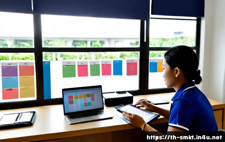 스포츠마케팅 업무 시간 관리 팁 - Photorealistic Thai sports marketing coordinator organizing a focused workday at a clean modern desk...